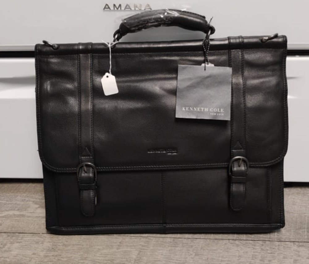 Kenneth Cole New York Black Leather Laptop Brief Case 15x17x6 Multi Sections
